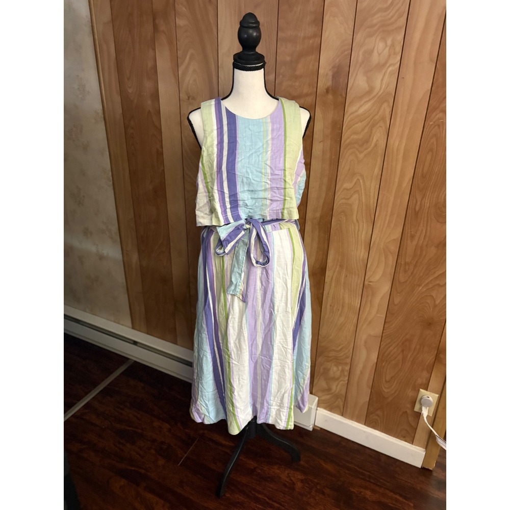 Maison Tara Womens Size 12 Striped Linen‎ Blend Sleeveless Popover Midi Dress